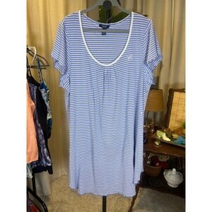 Chaps Womens 2X Blue White Striped Cotton Knit Lace Trim Nightgown Sleep Shirt